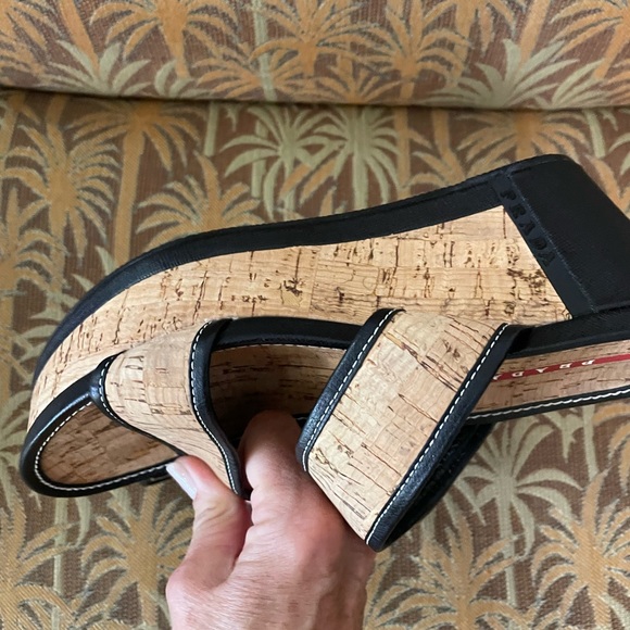 PRADA | Cork Wedge Sandals | Black | Size 37 - Picture 14 of 15